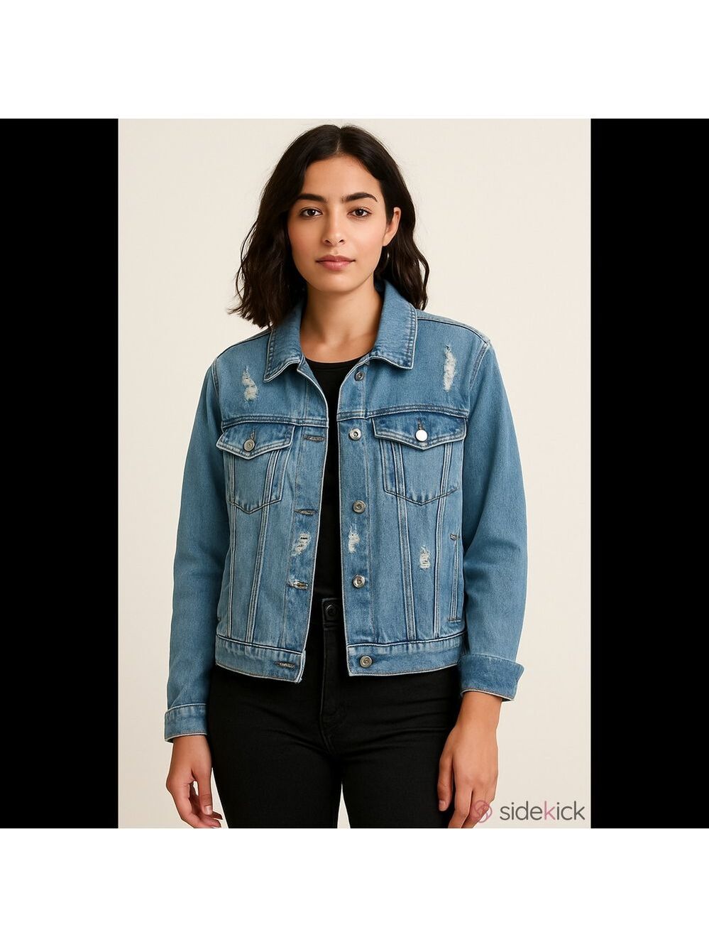 Warehouse One Women's Denim Jacket Blue Distressed Large 100% Cotton